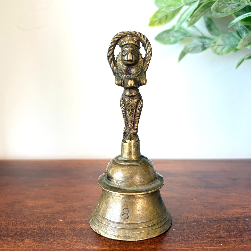 Vintage Brass Hanuman Monkey God Hand Bell India Altar Meditation Decor 4.25in
